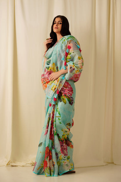 Prakruthi- The Floral Green Printed Linen Saree