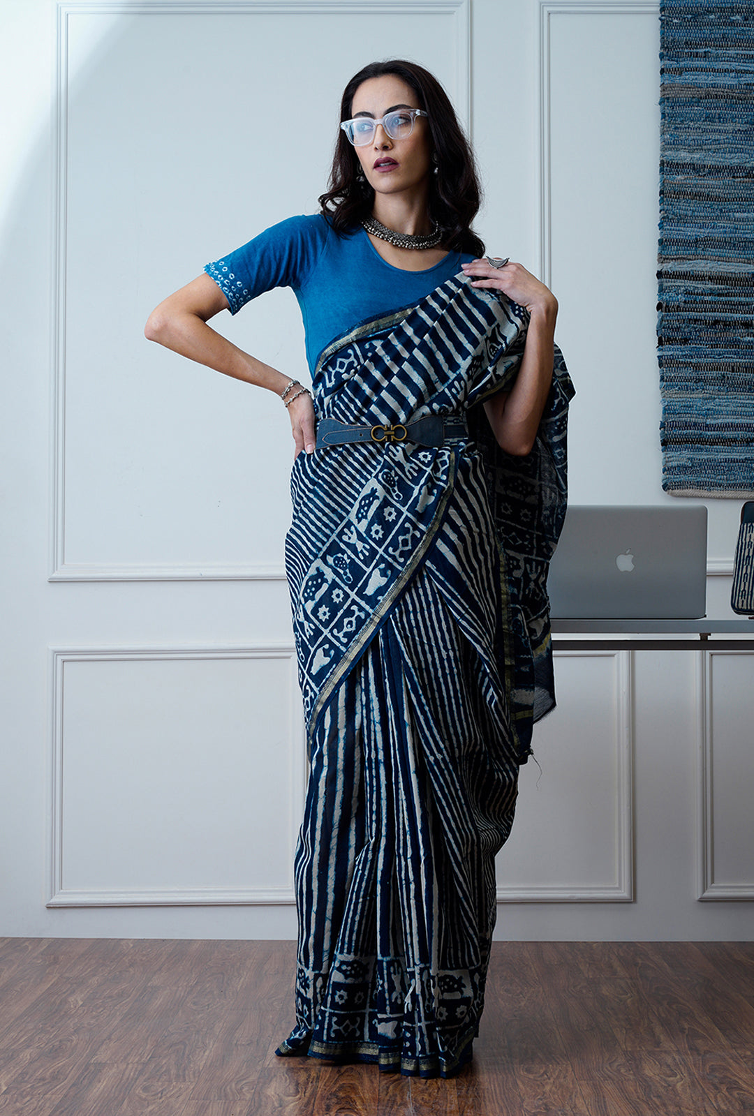 Zoya- The Indigo Block Print Chanderi Saree