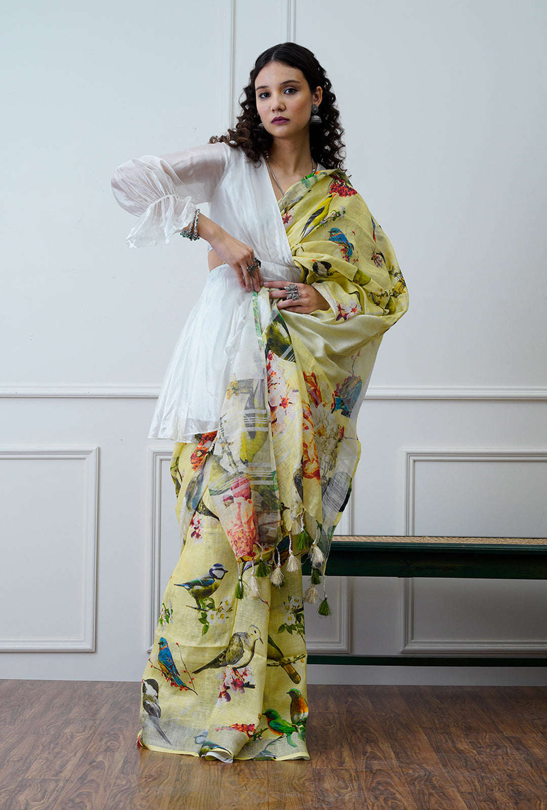 Advaita- The Lemon Yellow Printed Linen Saree