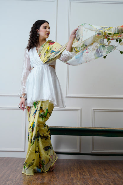 Advaita- The Lemon Yellow Printed Linen Saree