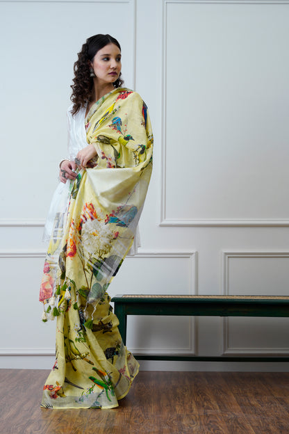 Advaita- The Lemon Yellow Printed Linen Saree