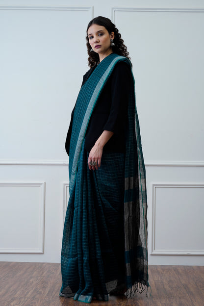 Pranit- The Teal Zari Linen Saree