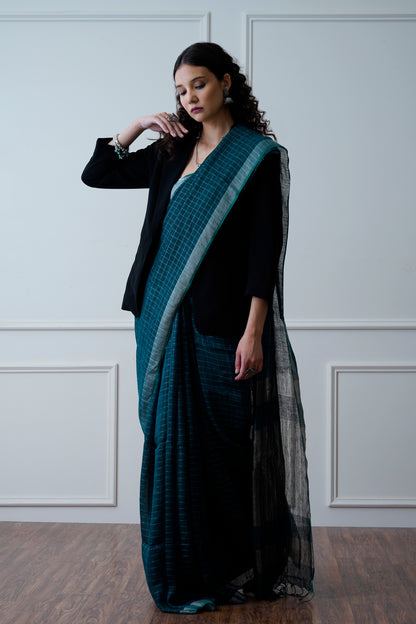 Pranit- The Teal Zari Linen Saree