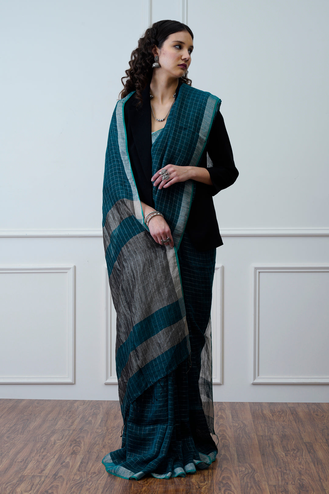 Pranit- The Teal Zari Linen Saree