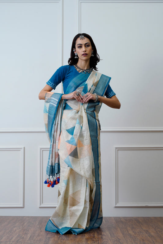 Bahaar- The Off White Printed linen Saree