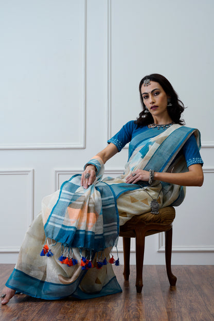 Bahaar- The Off White Printed linen Saree