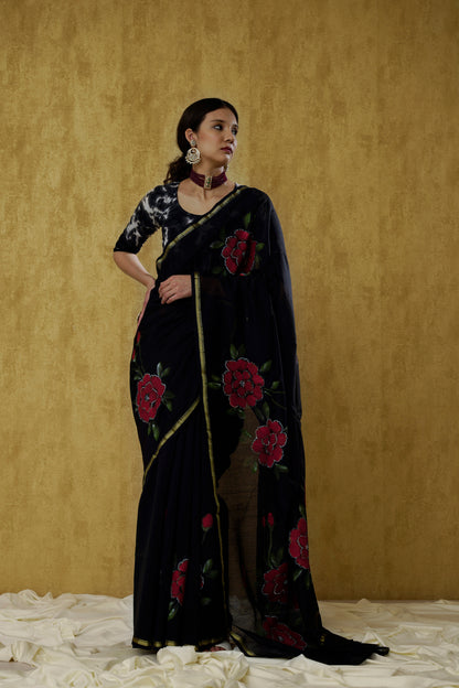 Qafirana- The Black Handpainted Chanderi Saree