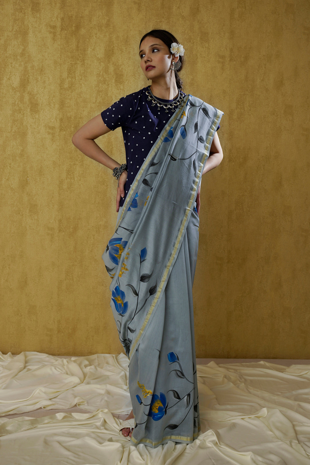 Mehnoor- The Bluish-Grey Handpainted Chanderi Saree