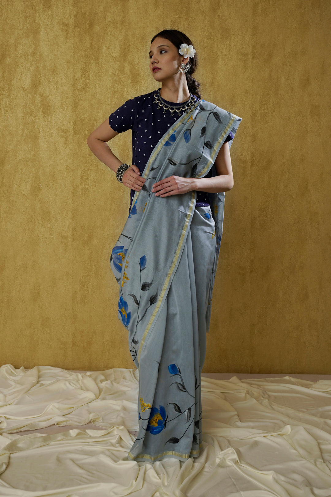 Mehnoor- The Bluish-Grey Handpainted Chanderi Saree