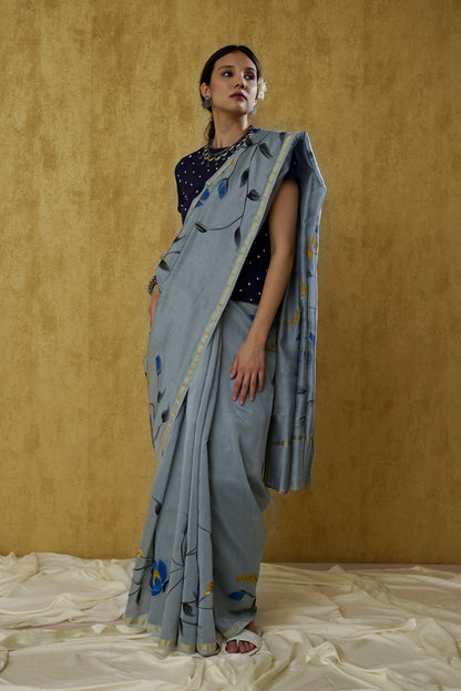 Mehnoor- The Bluish-Grey Handpainted Chanderi Saree