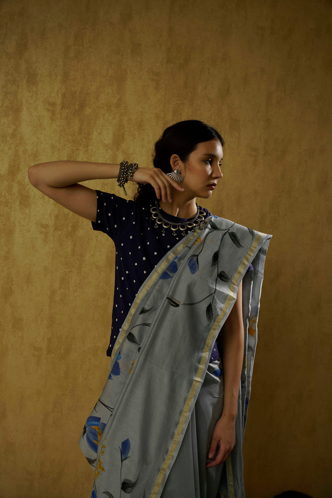 Mehnoor- The Bluish-Grey Handpainted Chanderi Saree