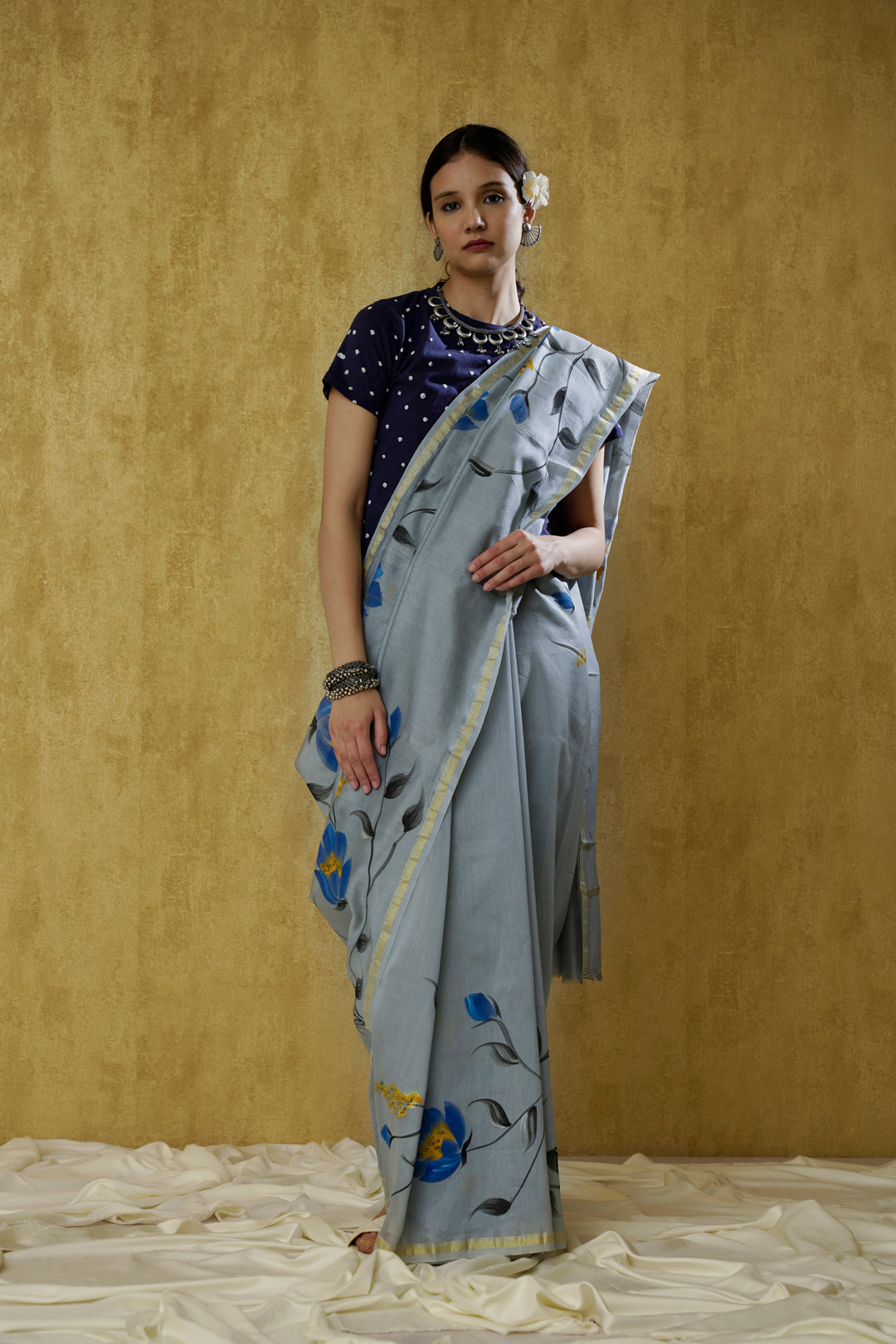 Mehnoor- The Bluish-Grey Handpainted Chanderi Saree