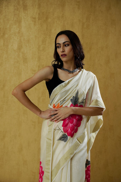 Kaveri- An Ivory Handpainted Chanderi Saree