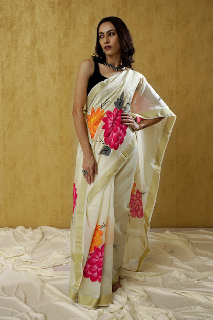 Kaveri- An Ivory Handpainted Chanderi Saree