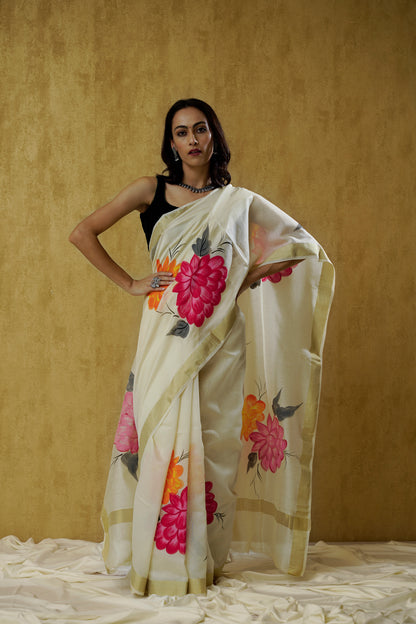 Kaveri- An Ivory Handpainted Chanderi Saree