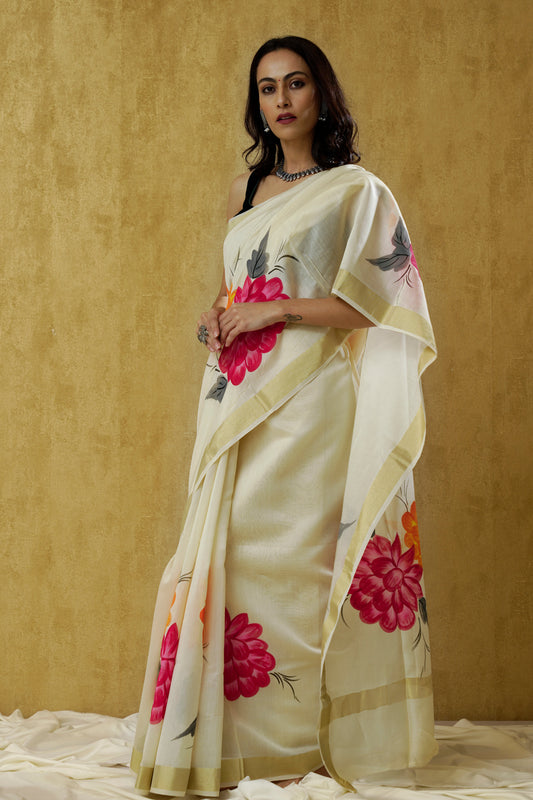 Kaveri- An Ivory Handpainted Chanderi Saree