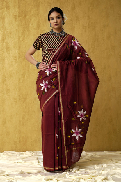 Sukoon- The Coffee Color Handpainted Chanderi Saree