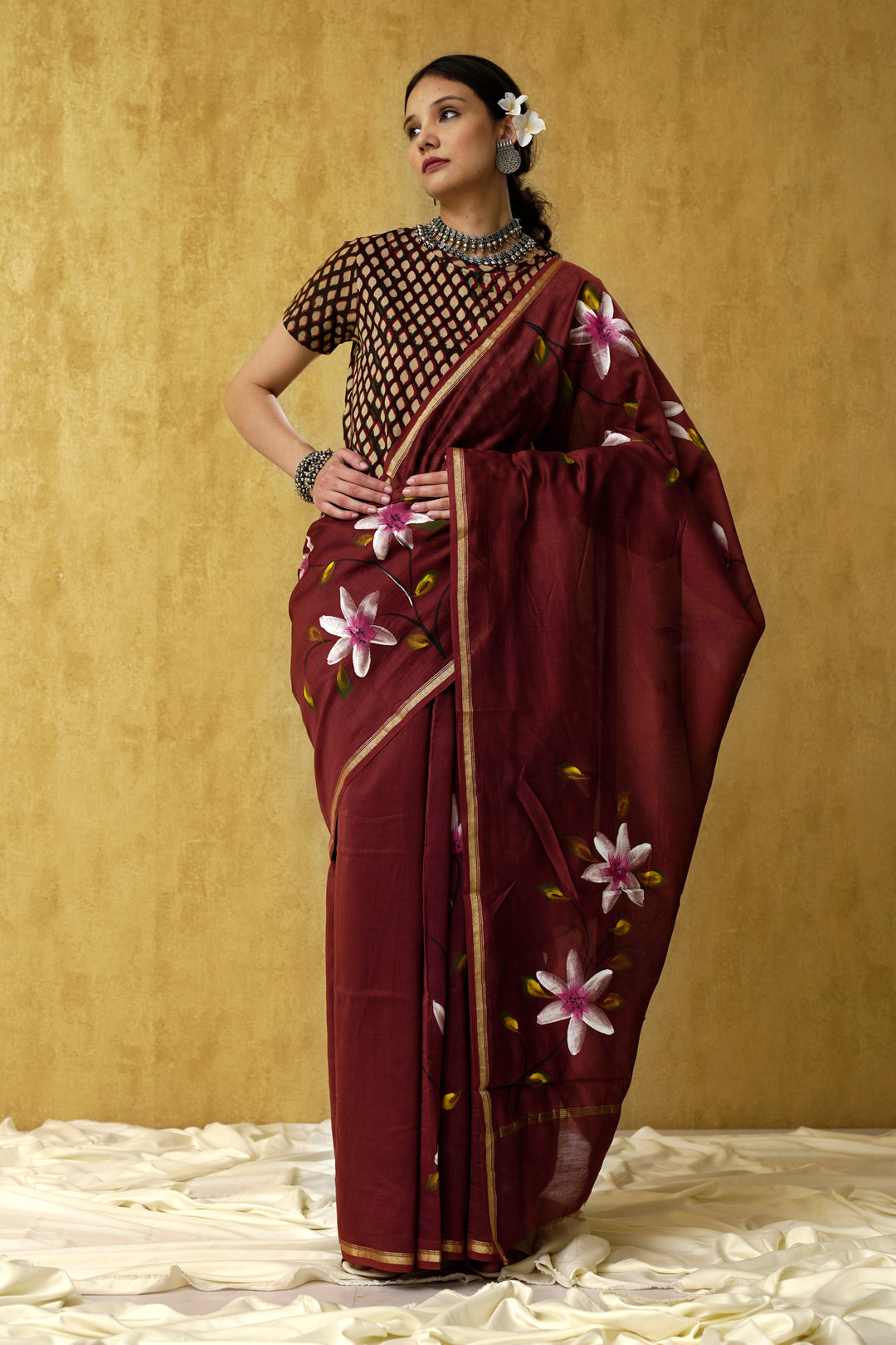 Sukoon- The Coffee Color Handpainted Chanderi Saree