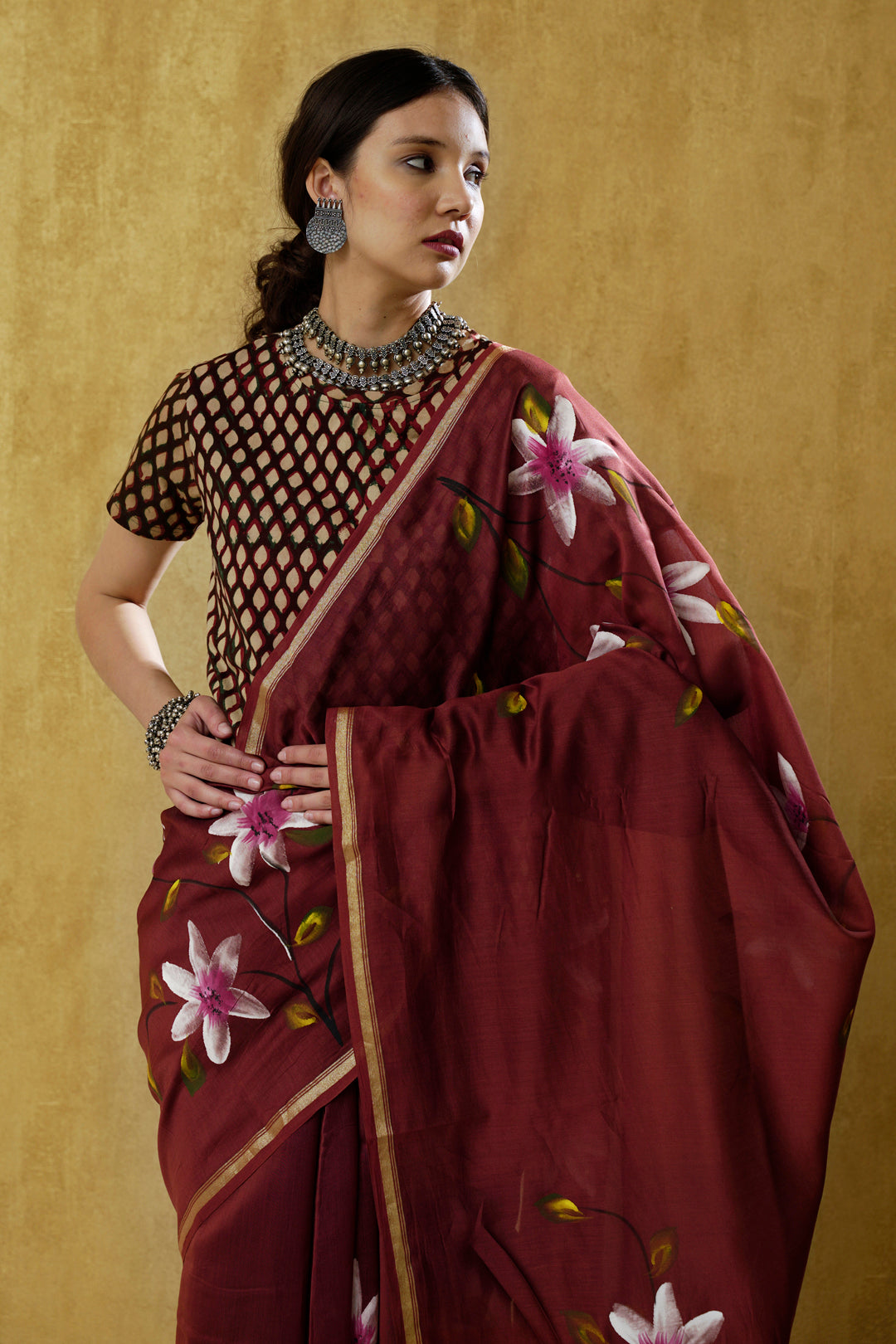 Sukoon- The Coffee Color Handpainted Chanderi Saree