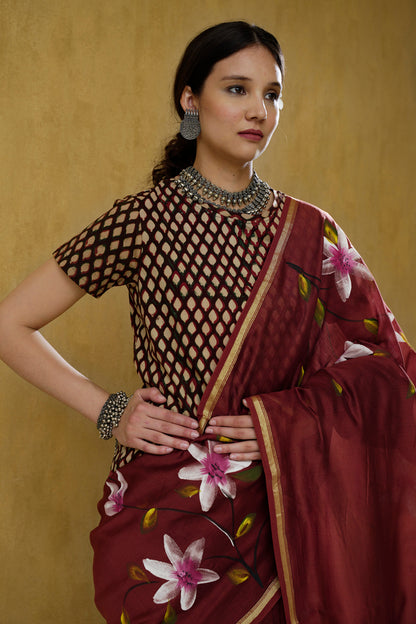 Sukoon- The Coffee Color Handpainted Chanderi Saree