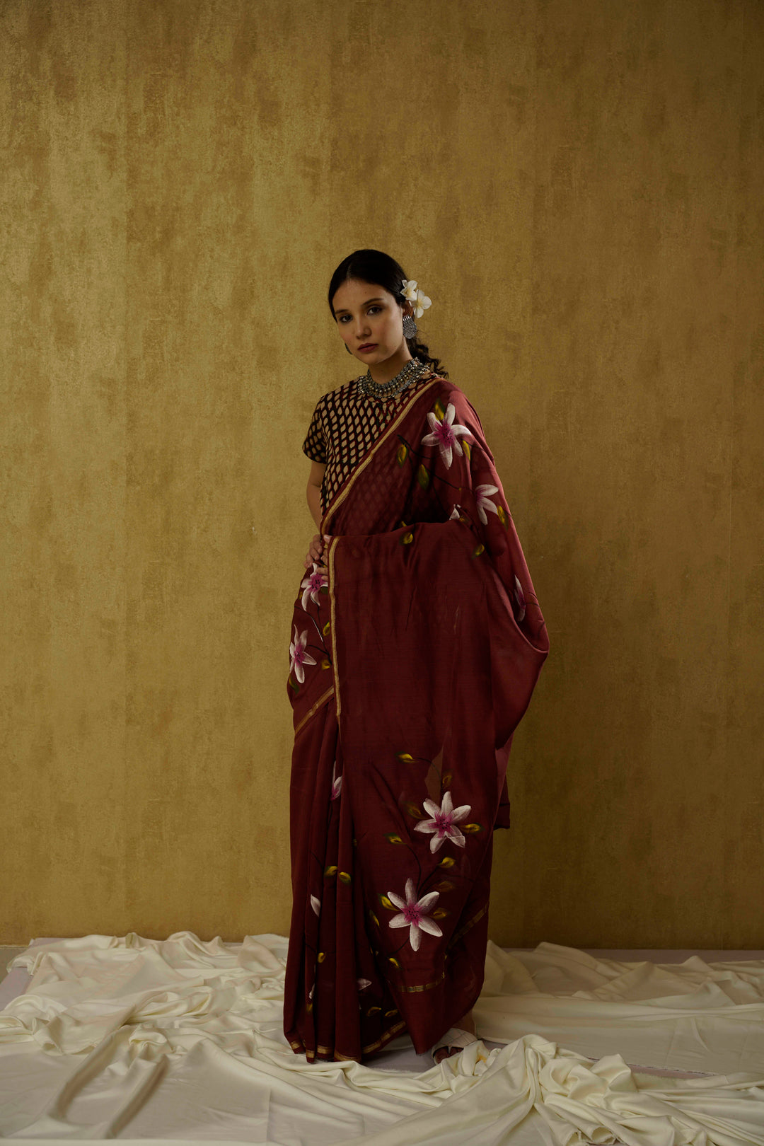 Sukoon- The Coffee Color Handpainted Chanderi Saree