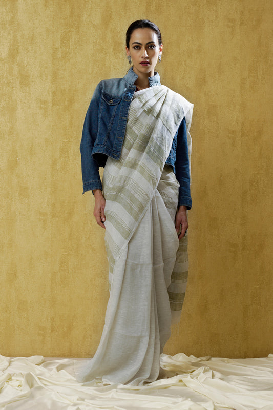 Navika- The Beige Stripe Linen Saree