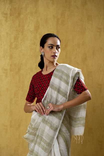 Navika- The Beige Stripe Linen Saree