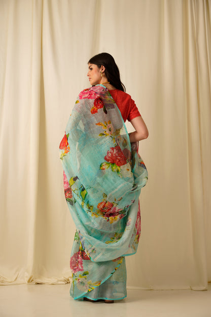 Prakruthi- The Floral Green Printed Linen Saree