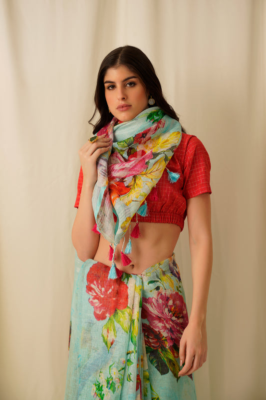 Prakruthi- The Floral Green Printed Linen Saree