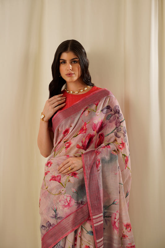 Kamalam- The Floral Pink Printed Linen Saree