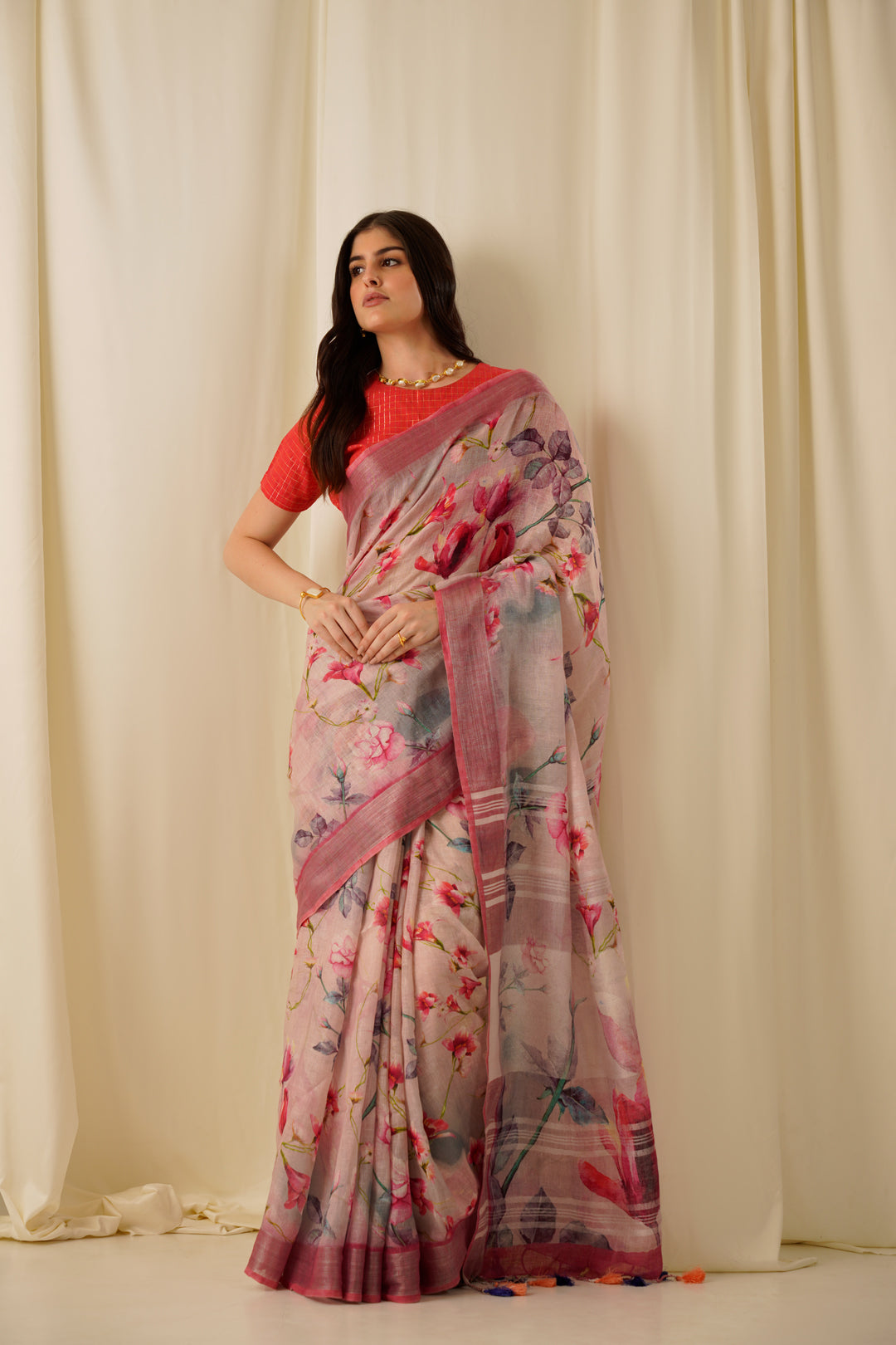 Kamalam- The Floral Pink Printed Linen Saree