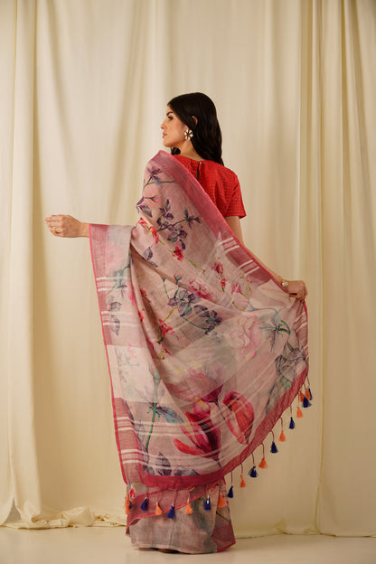 Kamalam- The Floral Pink Printed Linen Saree