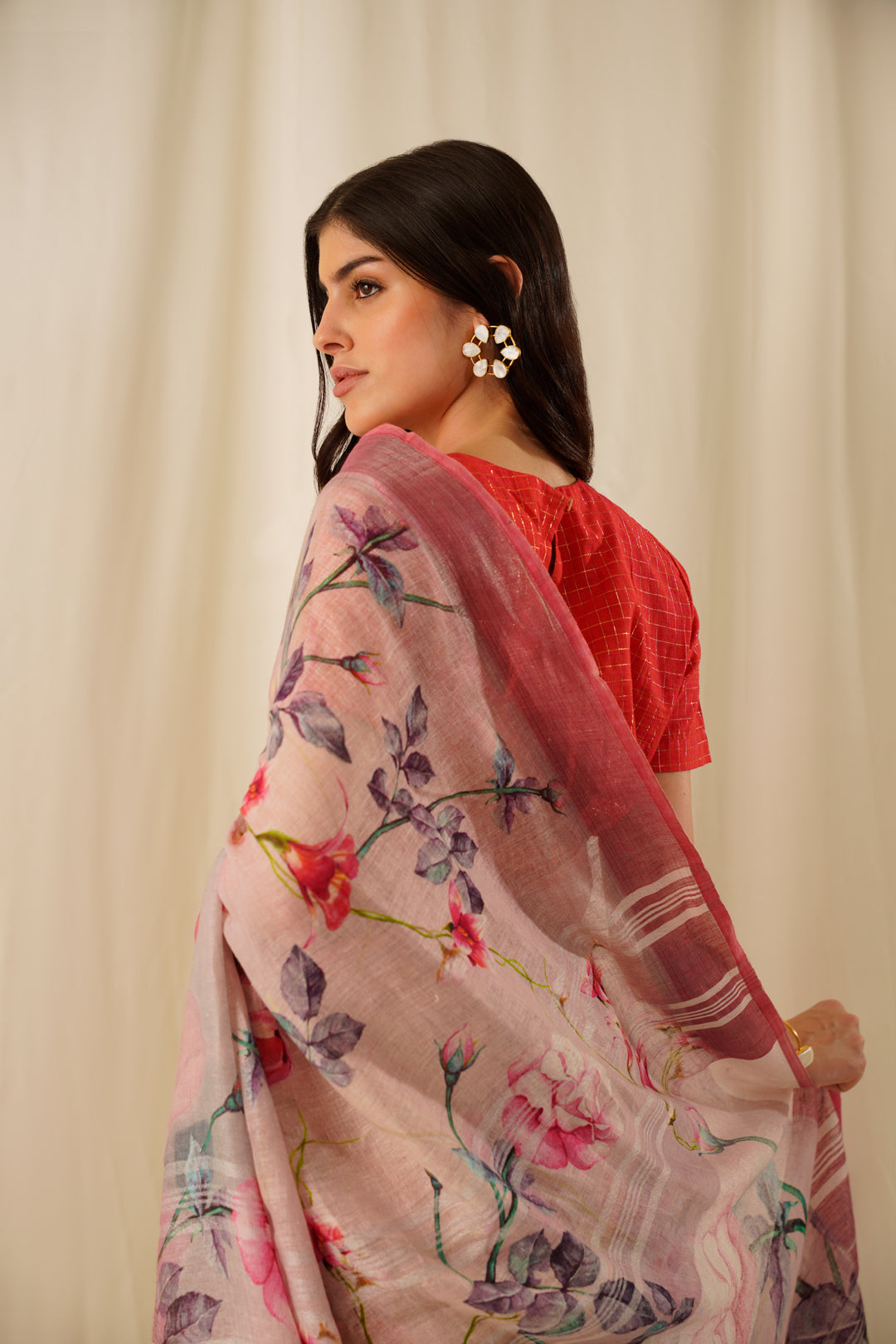 Kamalam- The Floral Pink Printed Linen Saree