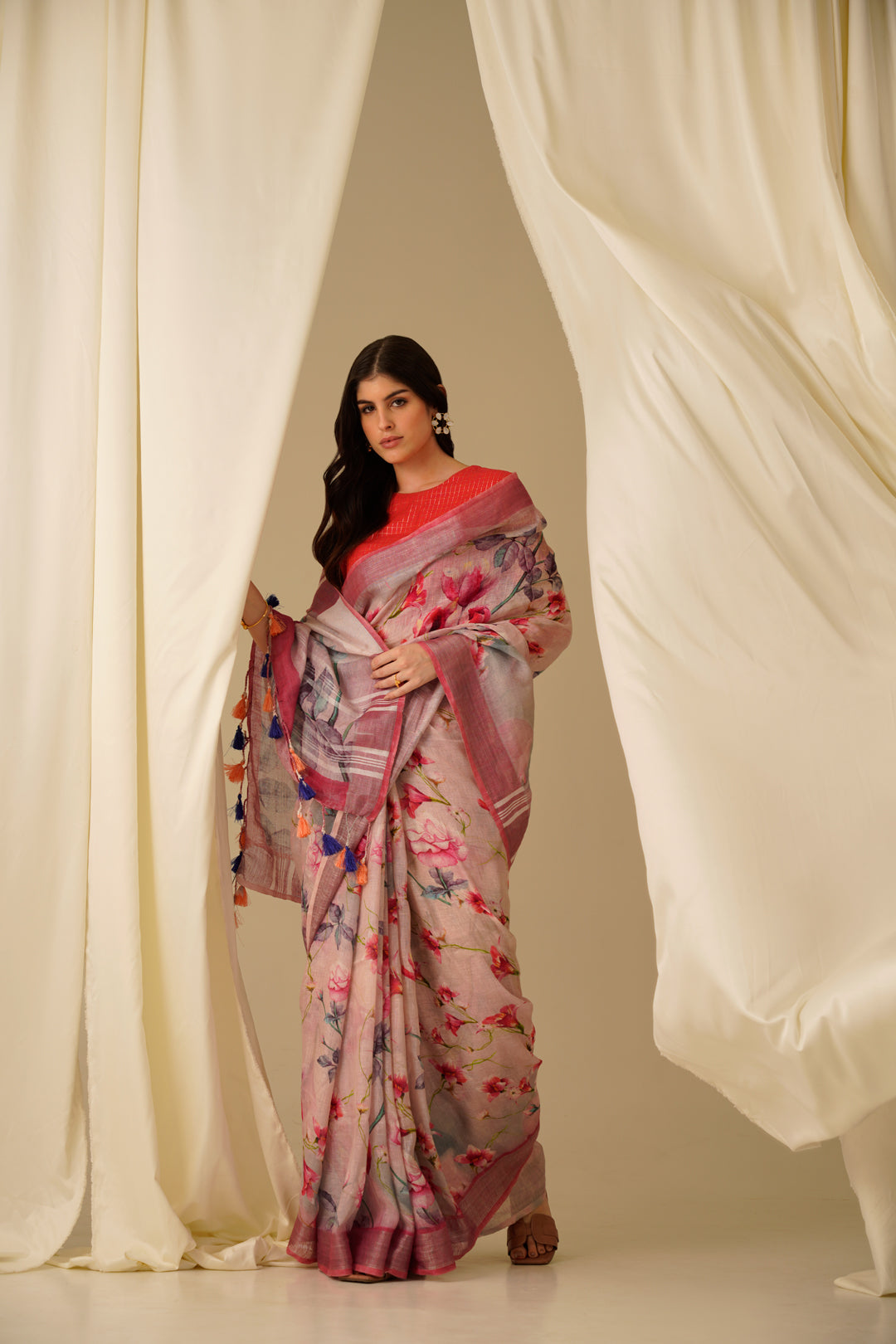 Kamalam- The Floral Pink Printed Linen Saree