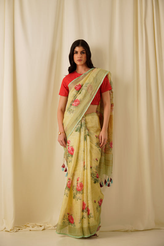 Eeshan-The Greenish Yellow Printed Linen Saree