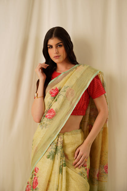 Eeshan-The Greenish Yellow Printed Linen Saree