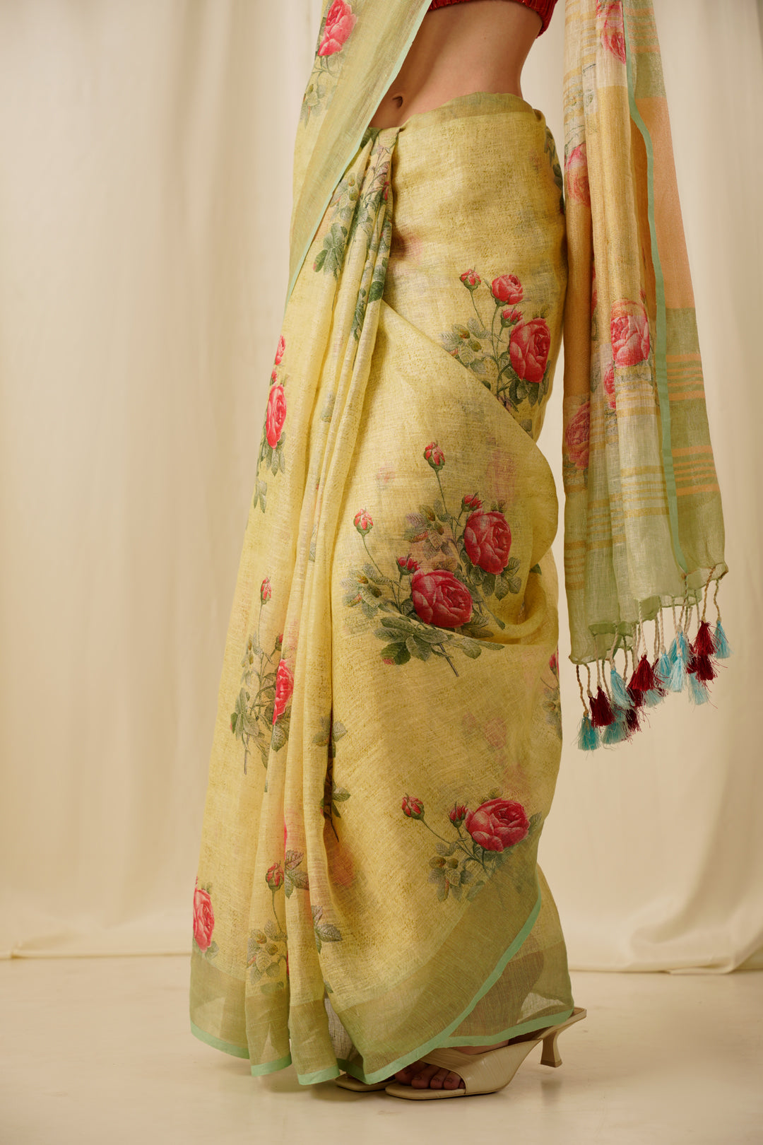 Eeshan-The Greenish Yellow Printed Linen Saree