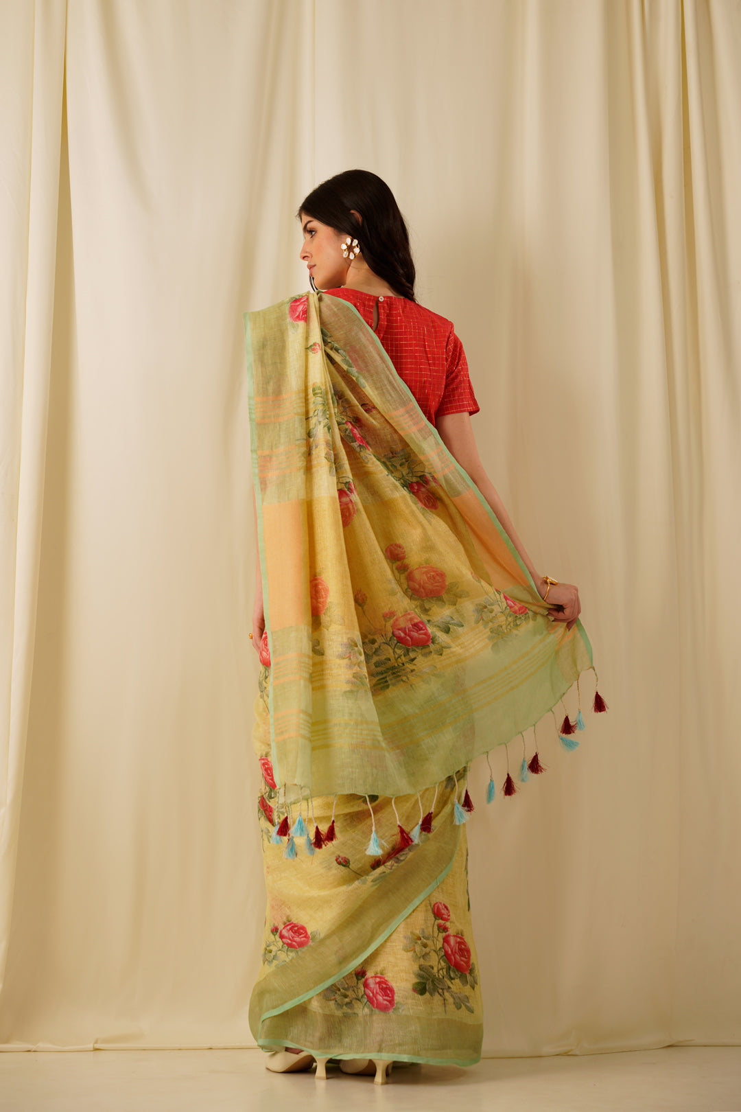 Eeshan-The Greenish Yellow Printed Linen Saree