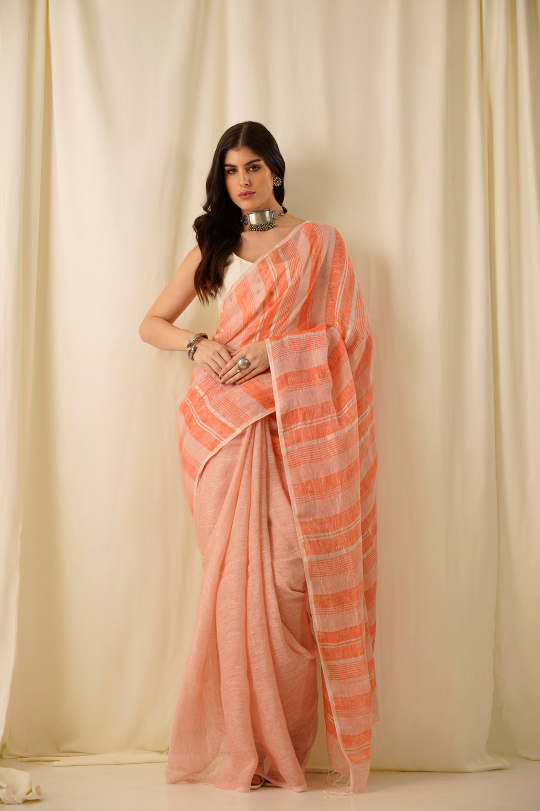 Chaitanya- The Peach Stripe Linen Saree