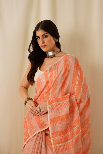 Chaitanya- The Peach Stripe Linen Saree