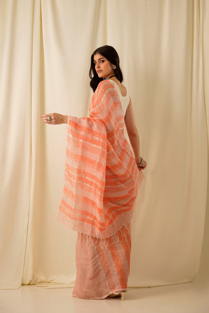 Chaitanya- The Peach Stripe Linen Saree