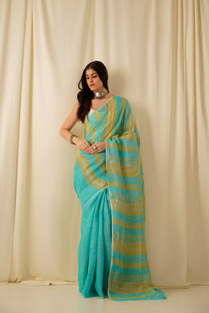 Nitya- The Firozi Stripe Linen Saree