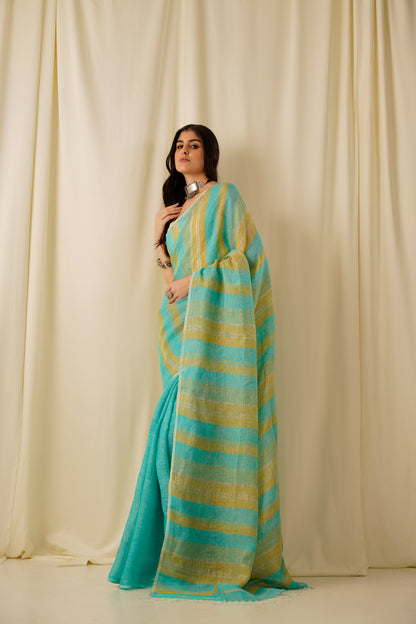 Nitya- The Firozi Stripe Linen Saree