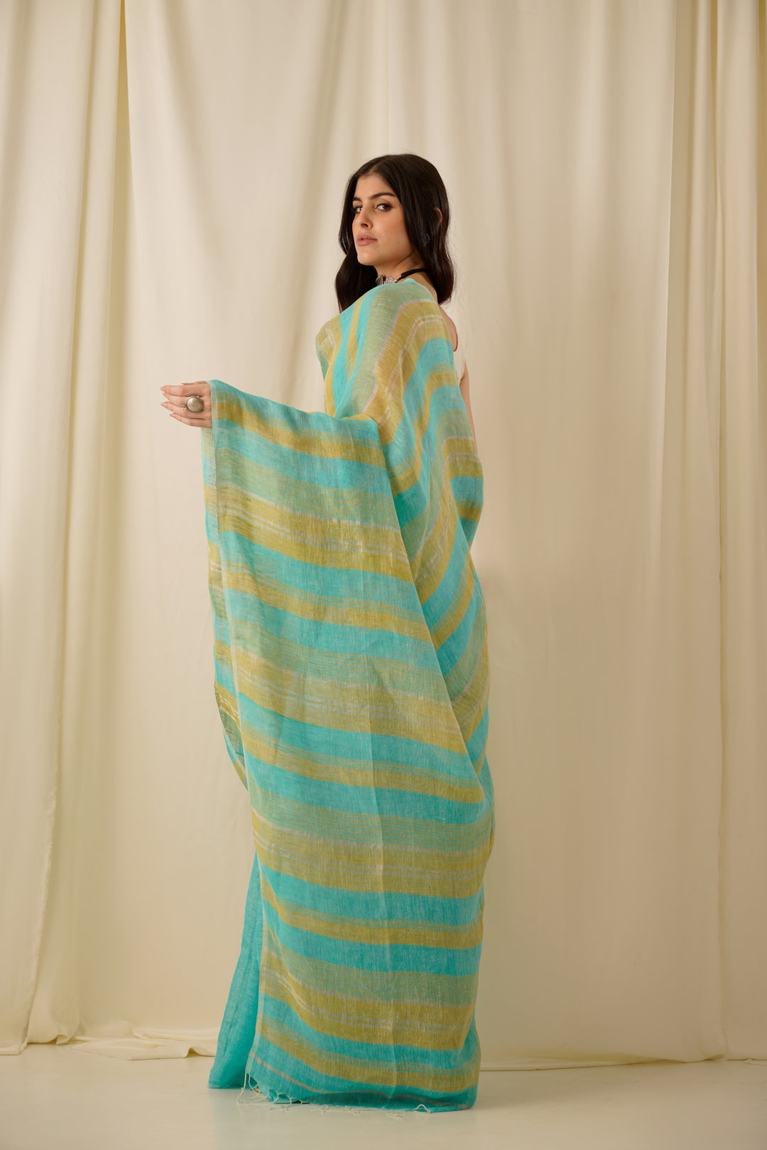 Nitya- The Firozi Stripe Linen Saree