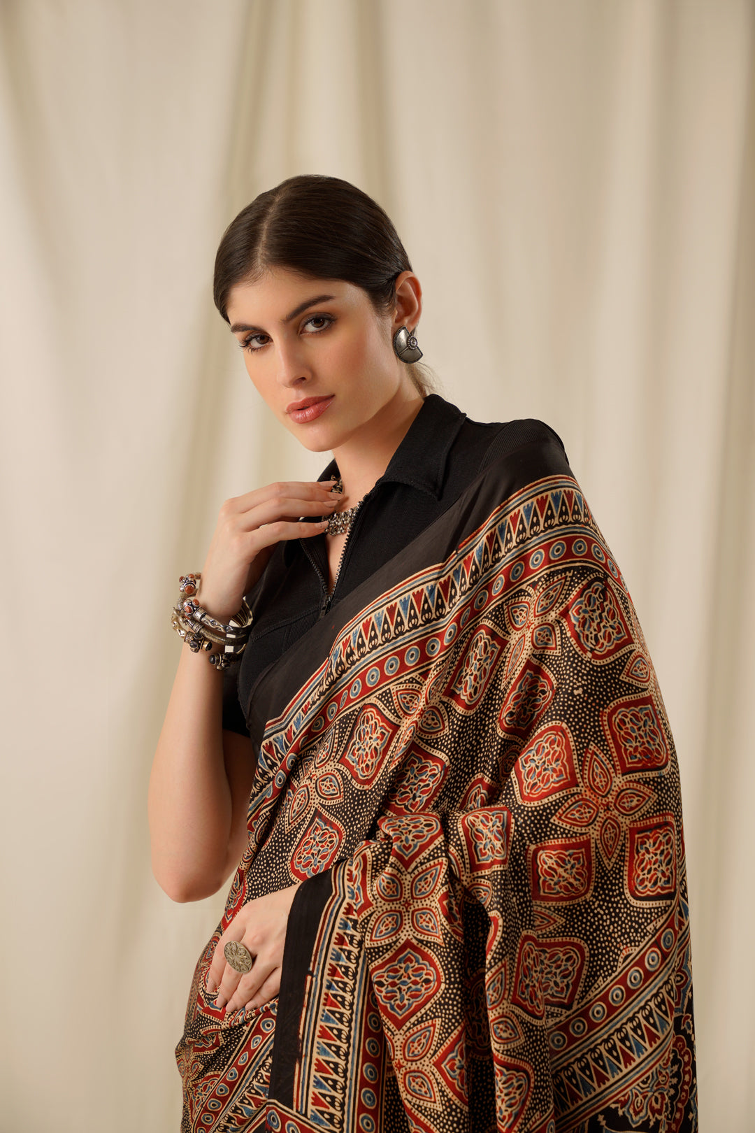 Meher- The Black Ajrakh Modal Silk Saree