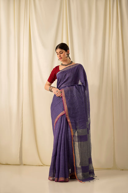 Ulfat- The Check Blue Linen Saree