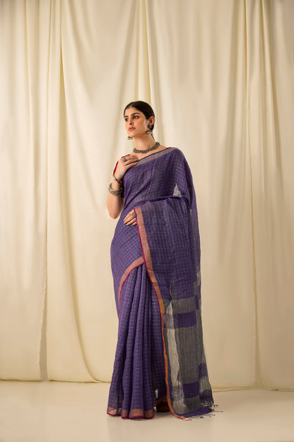 Ulfat- The Check Blue Linen Saree