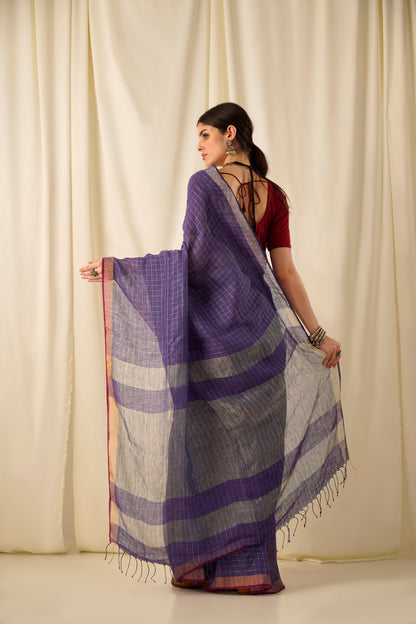 Ulfat- The Check Blue Linen Saree