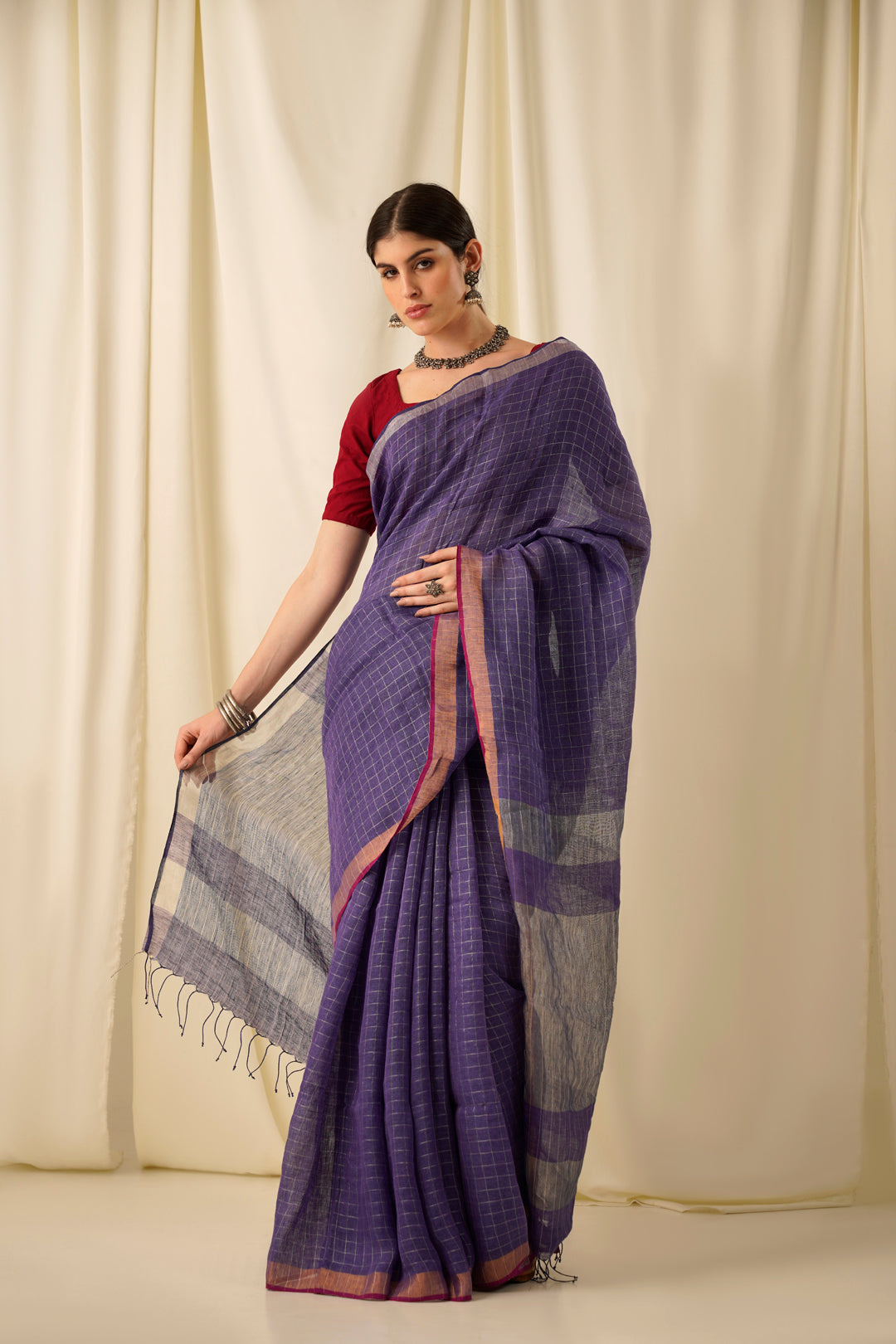 Ulfat- The Check Blue Linen Saree