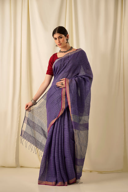 Ulfat- The Check Blue Linen Saree